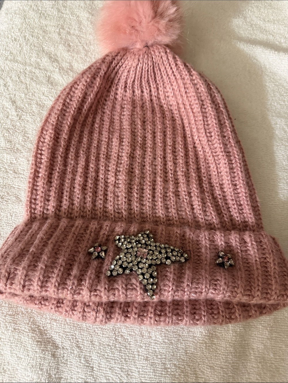 Victoria's Secret Pink Knit Beanie with Pom and Crystal Star